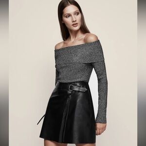 Reiss Jessa Size Small Off the Shoulder Shimmering Silver + Black Knit Sweater